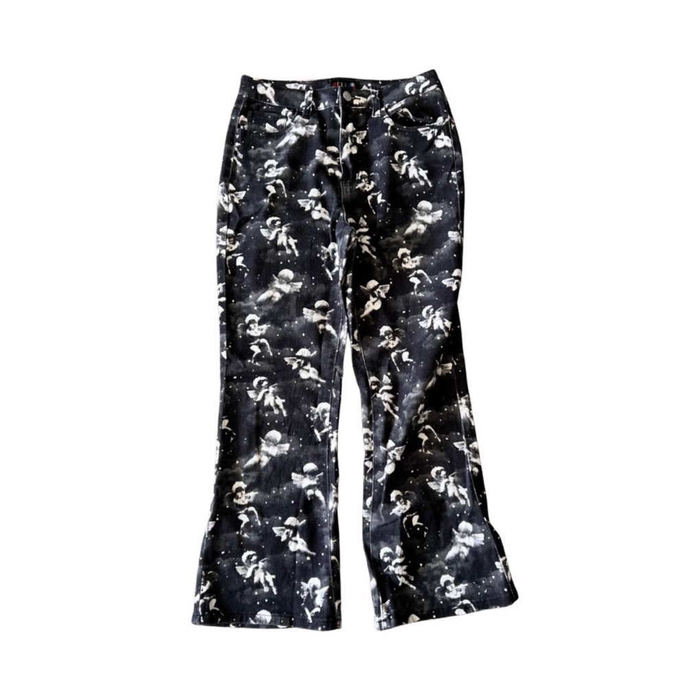 Whimsigoth alt women's dolls kill Delia's printed wide leg pants with angels